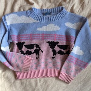 Pastel Blue and Pink Cow Pattern Sweater
